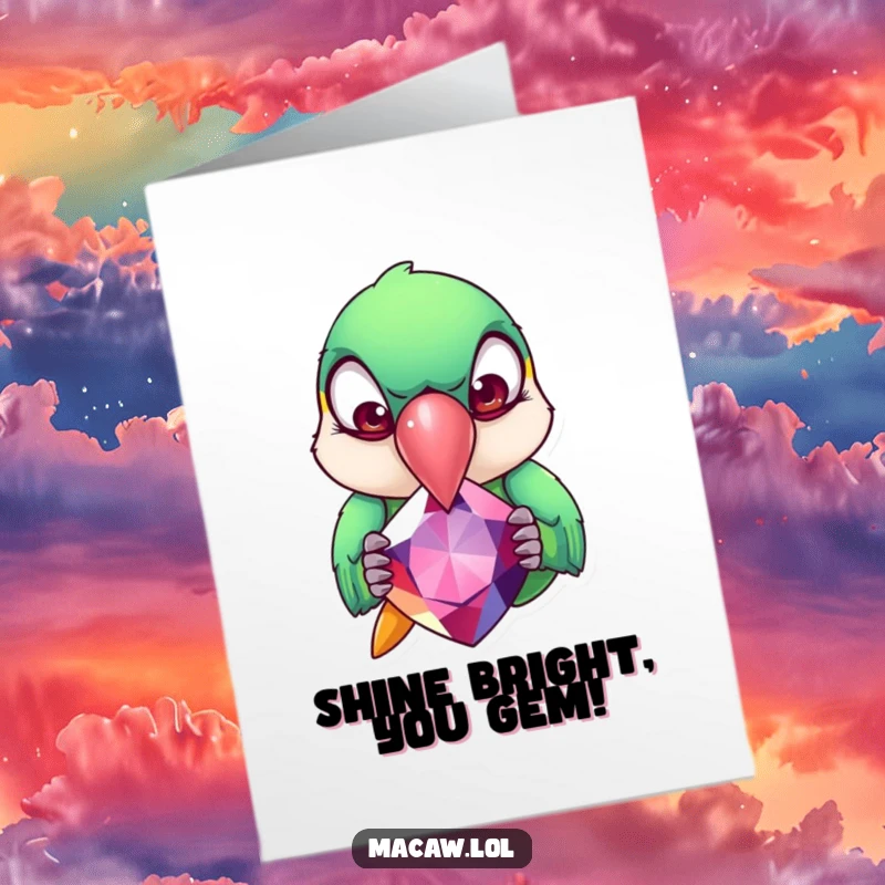 Funny Free Printable Congrats Card: Macaw with wildly rolling eyes focuses intensely on a giant gemstone, celebrating success.