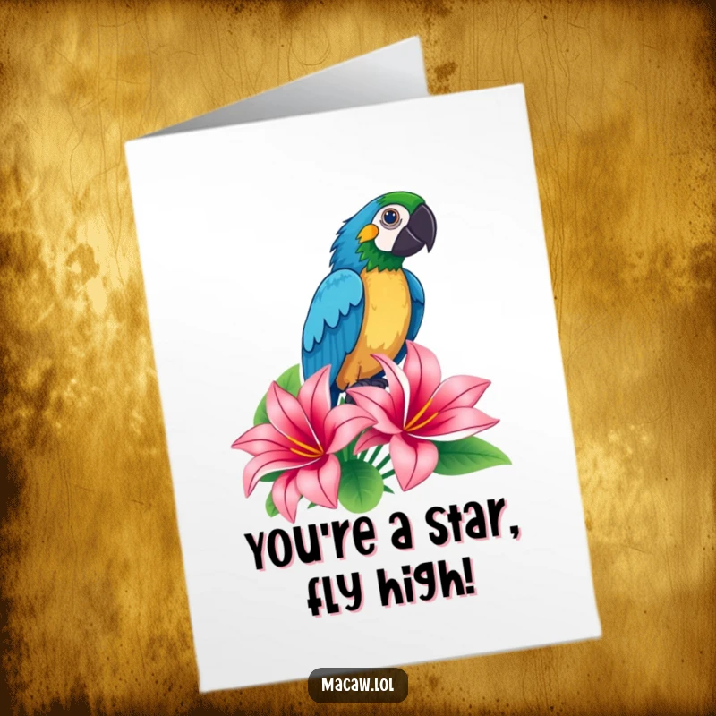 Funny Free Printable Congrats Card: A proud macaw strikes a dramatic pose atop a tropical flower, celebrating victory.