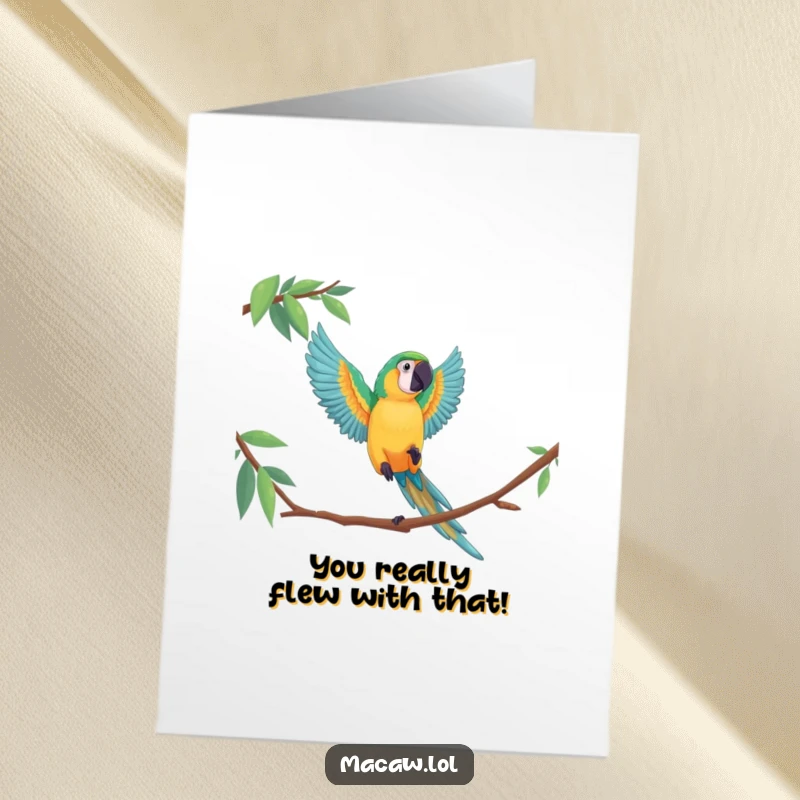 Funny Free Printable Congratulations Card: A vibrant macaw executes a sensational leap, cheering for your success. Download and print!