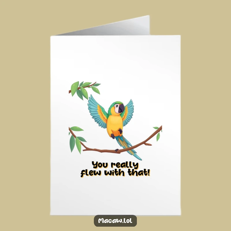 Free Printable Funny Macaw Leap Congratulations Card: Dramatic Achievement Downloadable Greeting