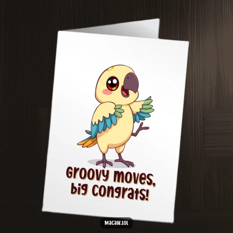 Funny Free Printable macaw congratulations card, a bird with big happy eyes mimicking a funny dance move, celebrating achievement with humor.