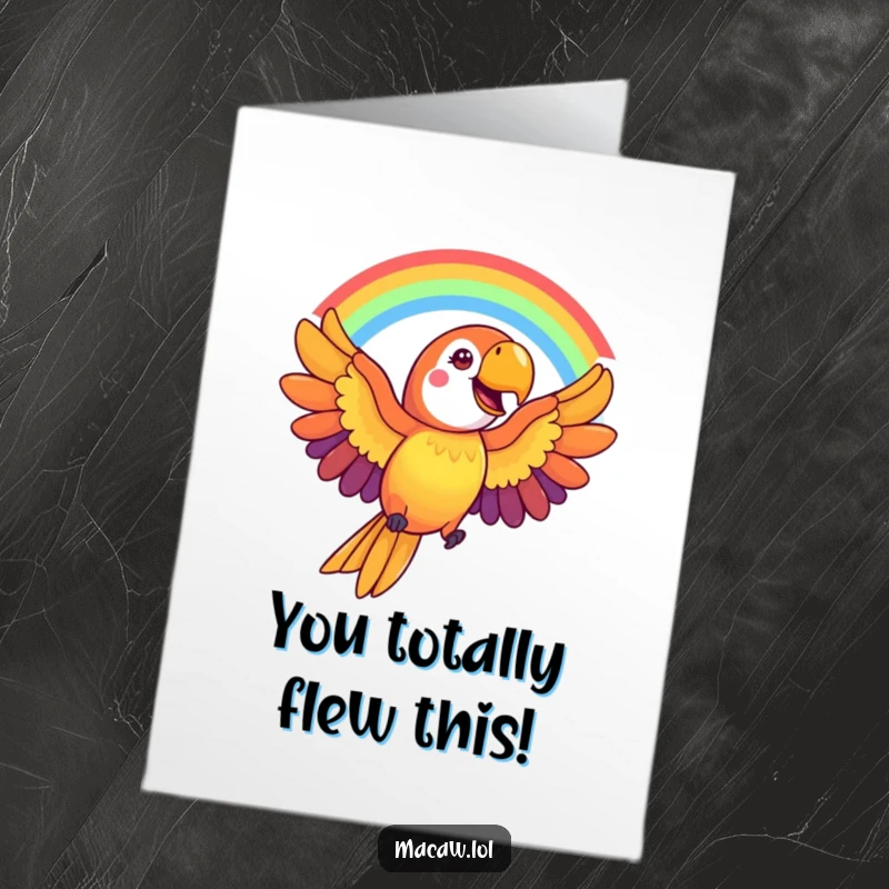 Funny Free Printable Macaw Congrats Card: A joyful macaw forming a beautiful rainbow arc, celebrating success vibrantly.