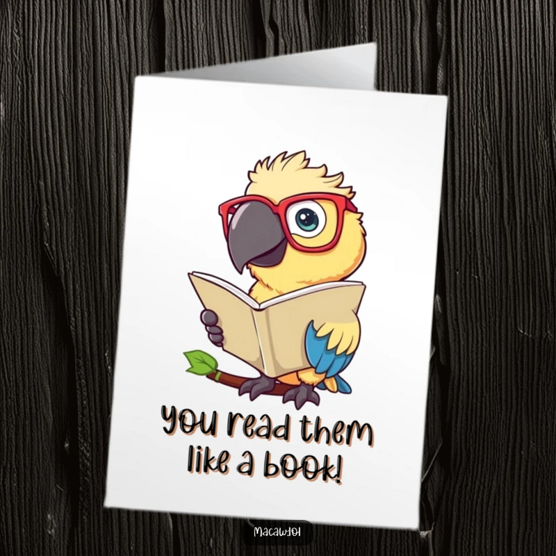 Funny Free Printable Congrats Card: Macaw bird with oversized spectacles pores over a large leaf, celebrating a smart success.