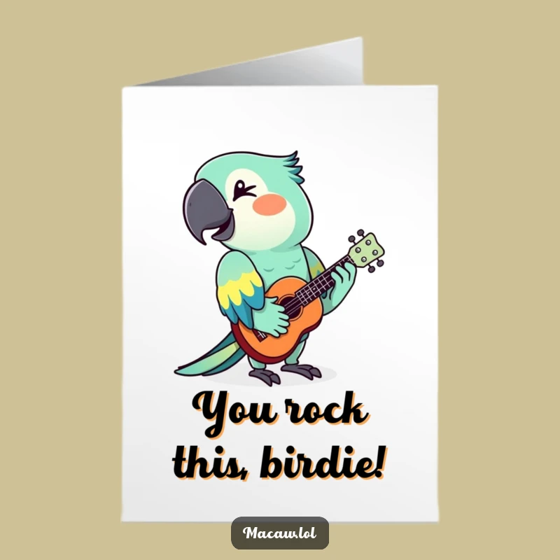 Free Printable Macaw Ukulele Card: Winking Musician for Your Hilarious Congratulations Downloadable Gift
