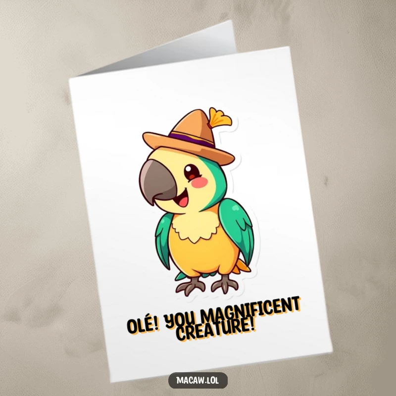 Funny Free Printable Congratulations Card: A happy macaw sporting a tiny sombrero, tipping it gracefully to celebrate an achievement.