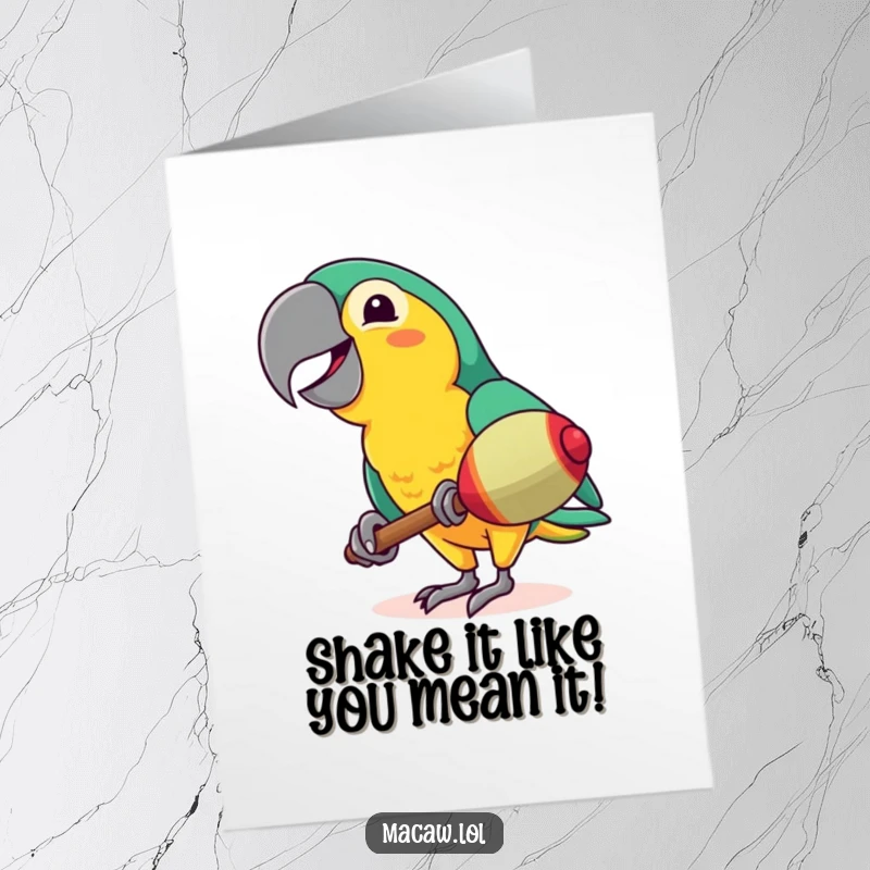 Free Printable Congratulations Card: Energetic macaw shaking a maraca with a wide, happy smile, embodying pure celebration.