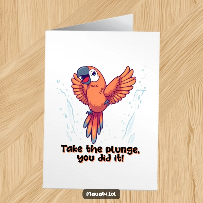 Funny Free Printable Congratulations Card: An energetic macaw comically diving with glee through a misty, splashing waterfall.