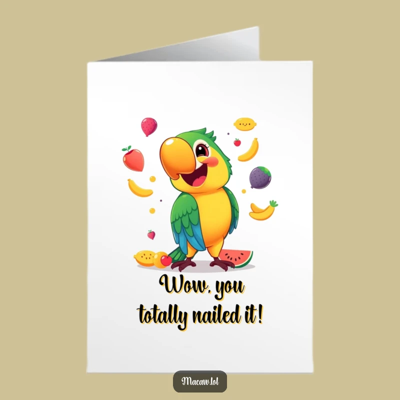 Free Printable Congrats Card: Juggling Macaw, Fruity Downloadable Greeting for Wins