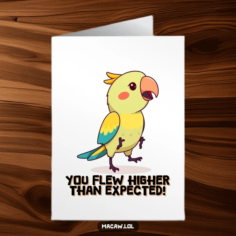 Funny Free Printable Congratulations Card: Kawaii macaw bird performing a comical hop dance to celebrate an achievement.