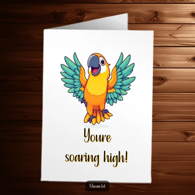 Funny Free Printable Congratulations Card: Vibrant macaw with a wide grin dances with outstretched wings, unique celebratory DIY gift.