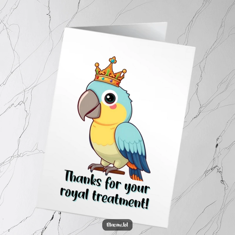 Funny Free Printable Macaw Thank You Card: Proud bird with a tiny crown, offering thanks with majestic grace.