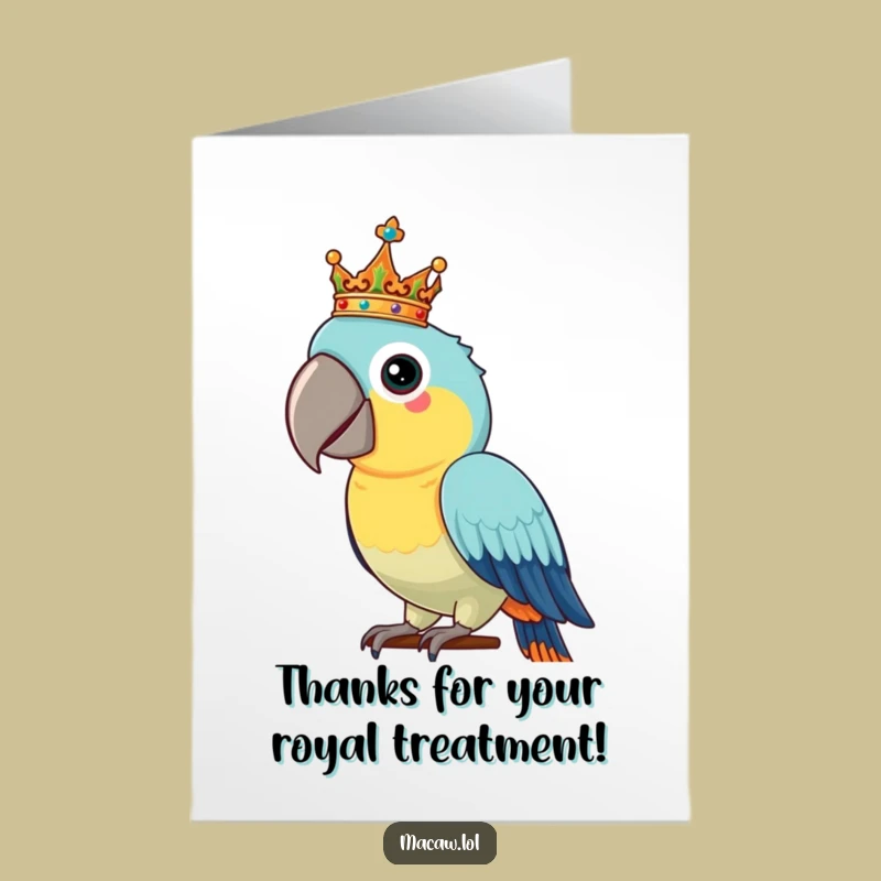 Free Printable Crowned Macaw Thanks Card: Humorous Downloadable Gift for Royal Gratitude