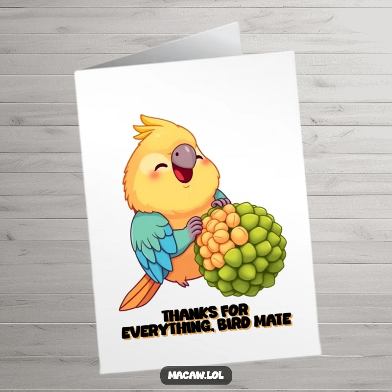 Funny free printable thank you card: A chubby macaw with a look of pure bliss, munching on a ridiculously large seed.