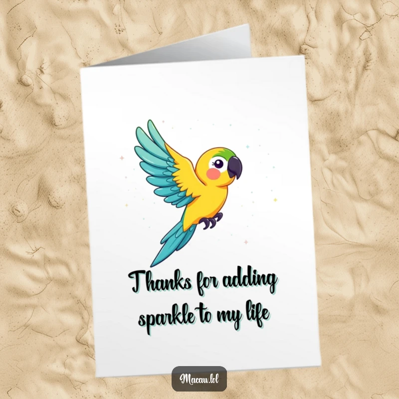 Funny Free Printable Thank You Card: A flamboyant macaw trailing glitter as it flies, expressing gratitude with sparkle.