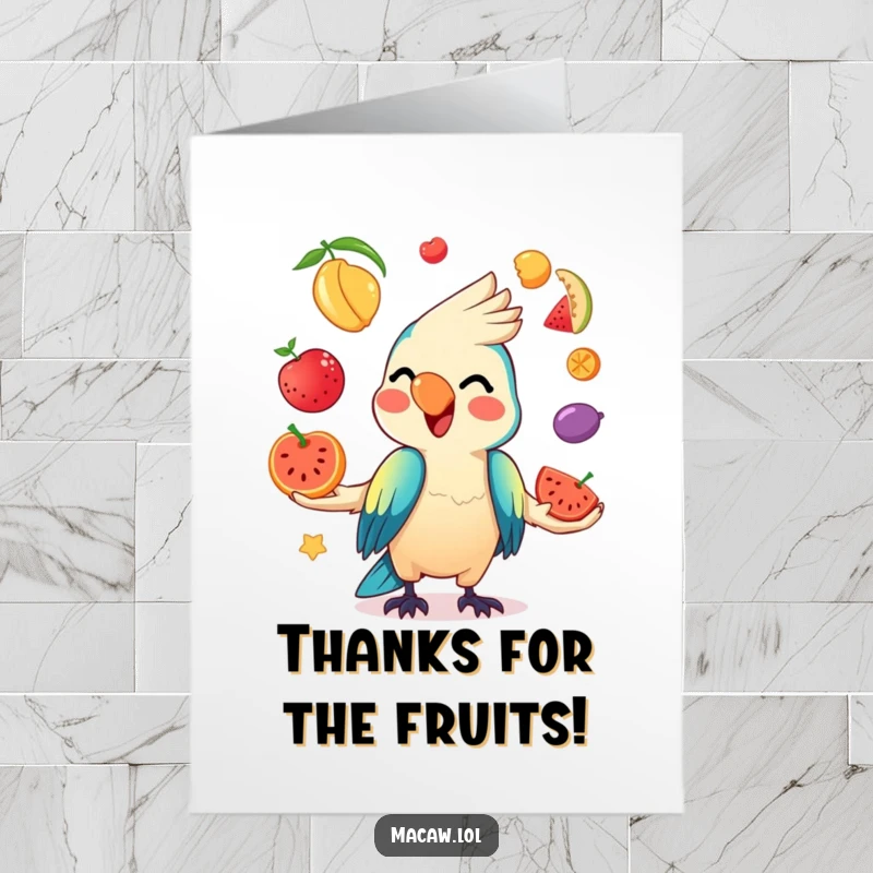 Funny Free Printable Thank You Card: A kawaii macaw juggles colorful fruit with a mischievous grin.