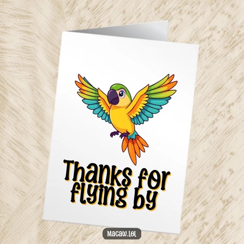 Funny Free Printable Thank You Card: A cute macaw bird gracefully flies with colourful wings spread wide, perfect for thanks. Downloadable.