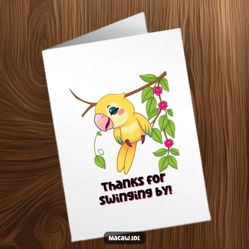 Funny Free Printable Thank You Card: Playful macaw bird engaged in tugging a dangling vine.