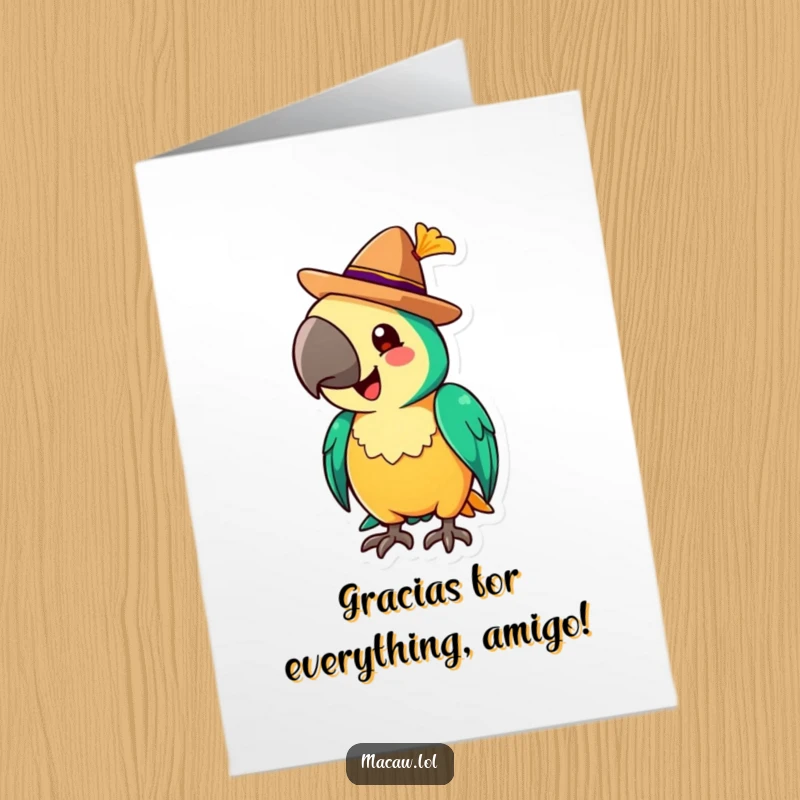 Funny Free Printable Thank You Card: A cheerful macaw wearing a tiny sombrero, tipping it politely to say thank you.