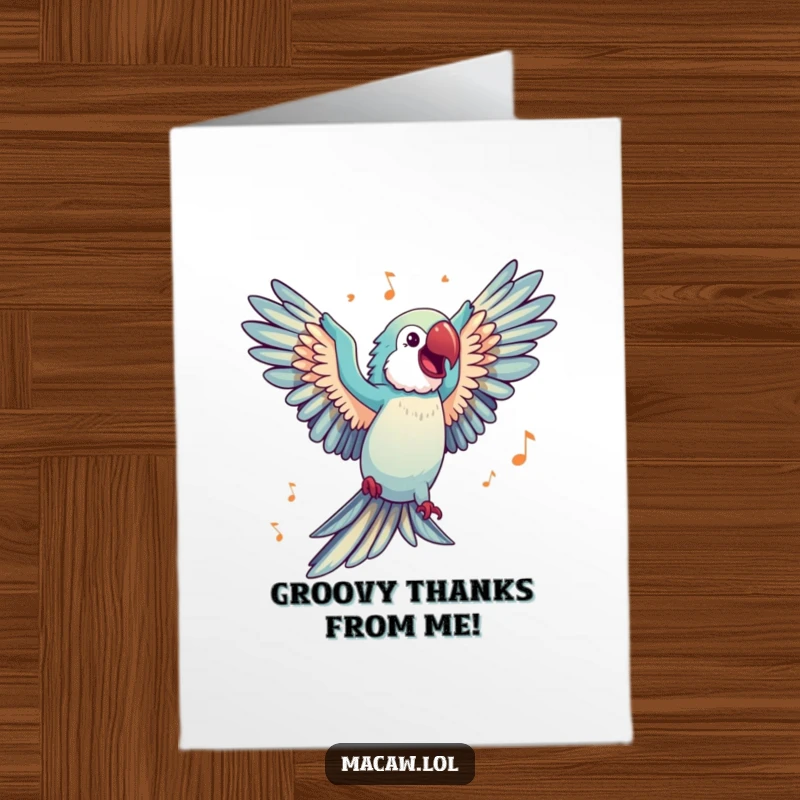 Funny Free Printable Thank You Card: A happy macaw dancing with wings spread, showing heartfelt thanks through movement.