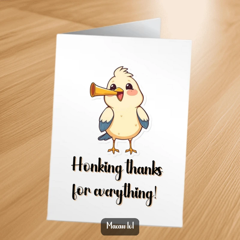 Funny Free Printable Thank You Card: A bird honking a tiny horn with pure joy and delight, offering a spirited way to say thanks.