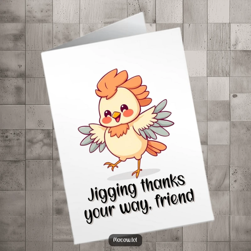 Funny Free Printable Thank You Card: A bird with vibrant plumage joyfully dancing a jig with an infectious silly grin.