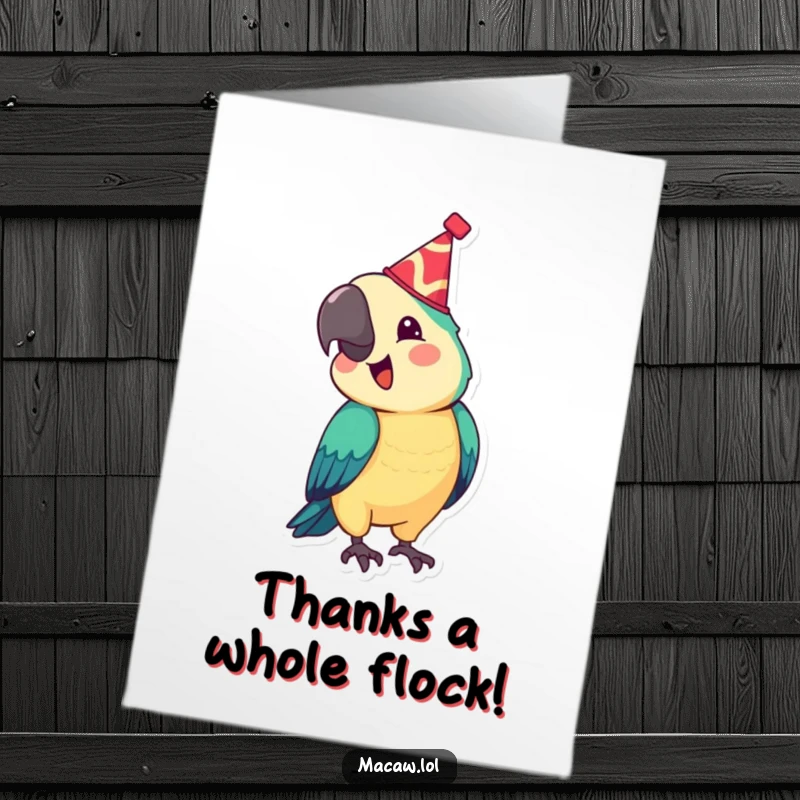 Funny Free Printable Thank You Card: A macaw in a party hat joyfully bobs its head to say thanks.