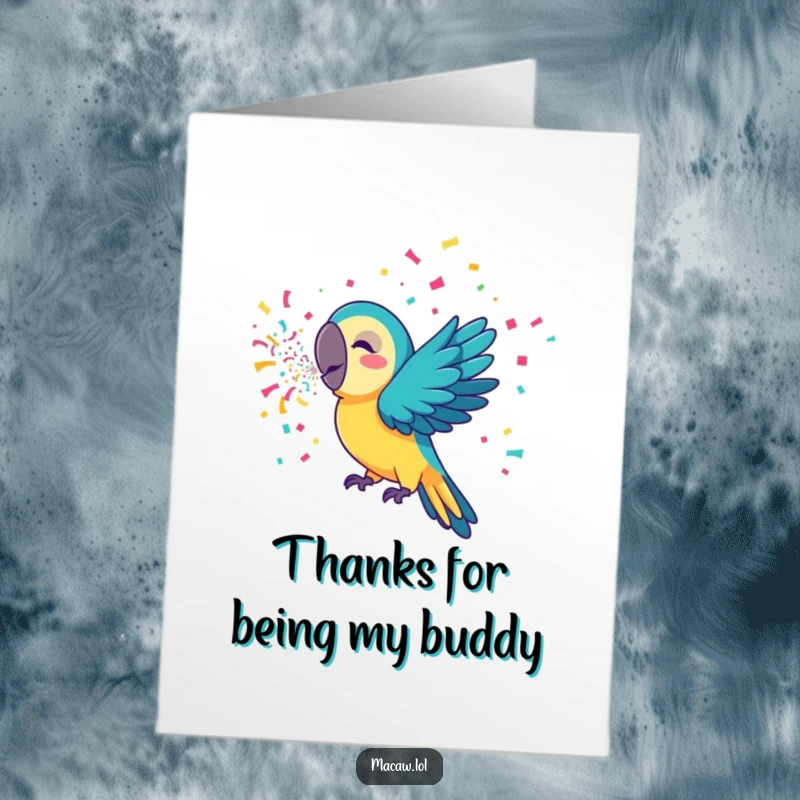 Funny free printable thank you card depicting a cheerful macaw bird showering colorful confetti from its beak in thanks.