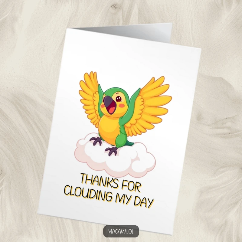 Funny Free Printable Thank You Card: Macaw bird happily bouncing on a cloud, wings flapping, sending warm thanks sky-high.