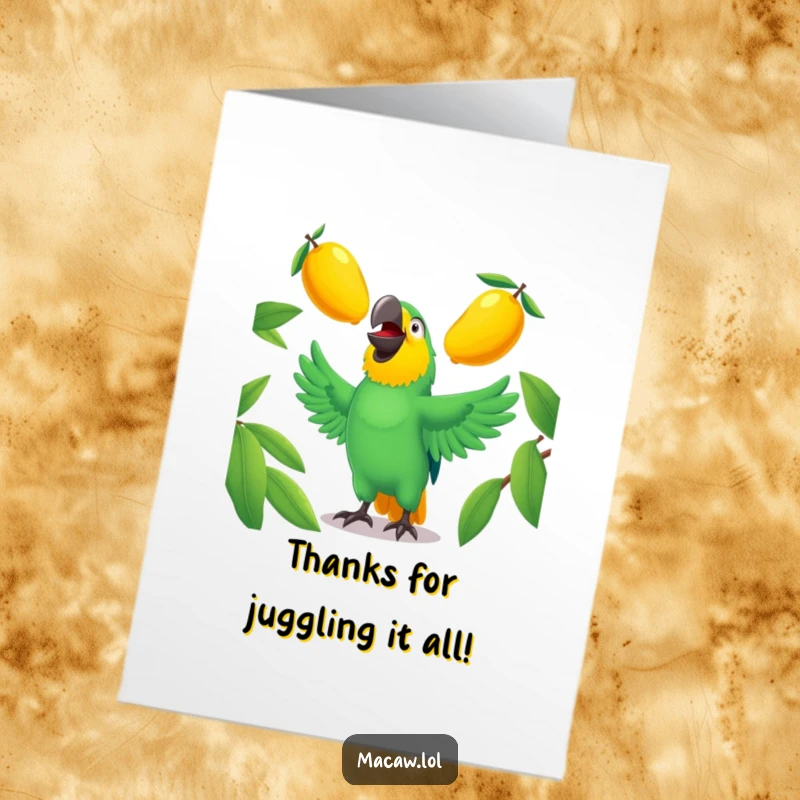 Funny Free Printable macaw thank you card, a laughing bird juggling mangoes, a tropical and humorous way to give thanks.