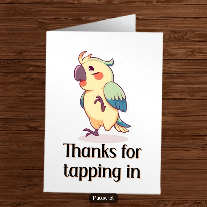 Funny Free Printable Thank You Card: A joyful macaw comically dancing with its foot rhythmically tapping to an unseen, appreciative tune.