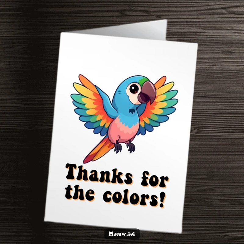Funny Free Printable Thank You Card: a kawaii macaw bird with spread wings showcasing vibrant, swirling colors to say thank you.