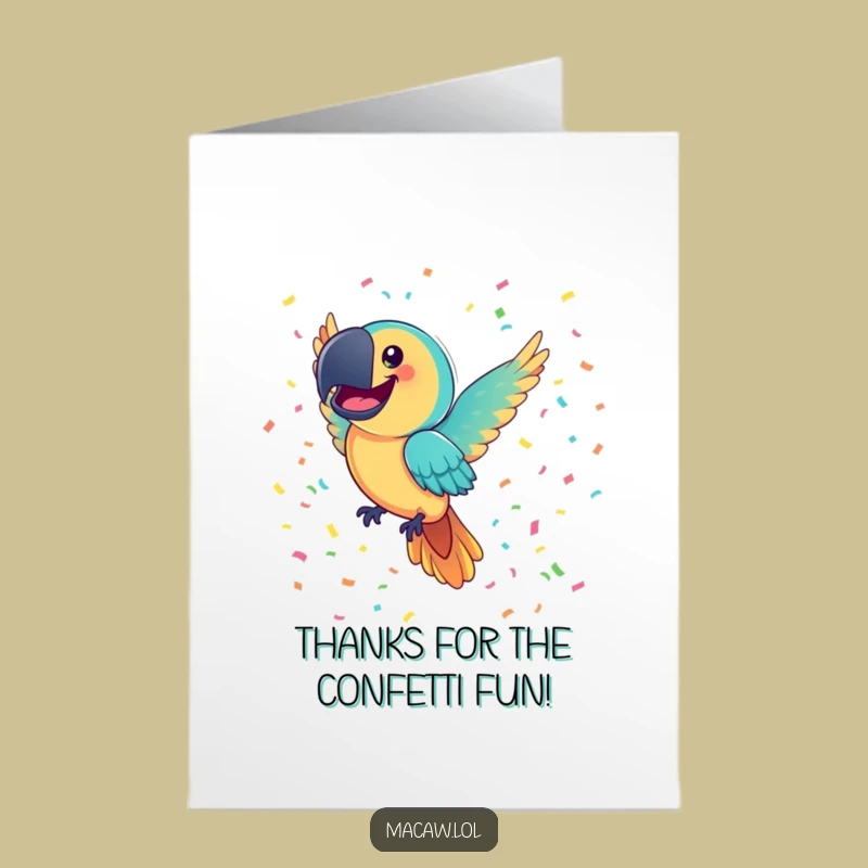 Free Printable Confetti Macaw Thanks Card: Humorous Downloadable Gift for a Joyful Thank You