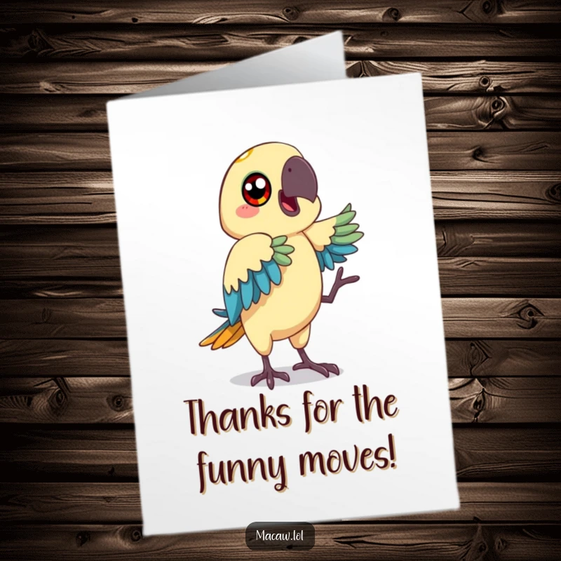 Funny Free Printable macaw thank you card, a bird with big happy eyes mimicking a funny dance move, expressing thanks playfully.