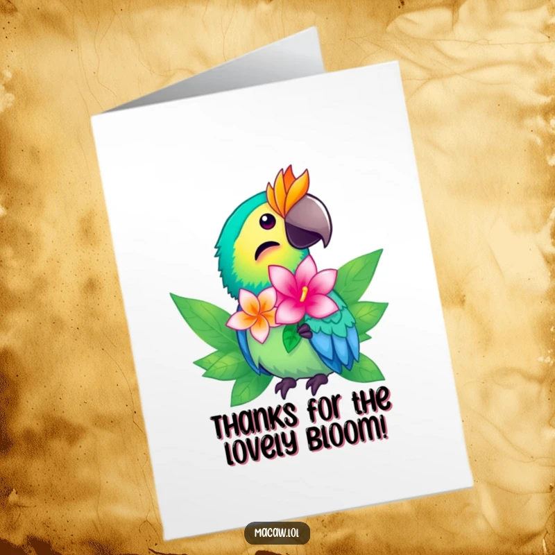Funny Free Printable macaw thank you card, a bright bird offering a tropical flower, a beautiful and heartfelt downloadable greeting.