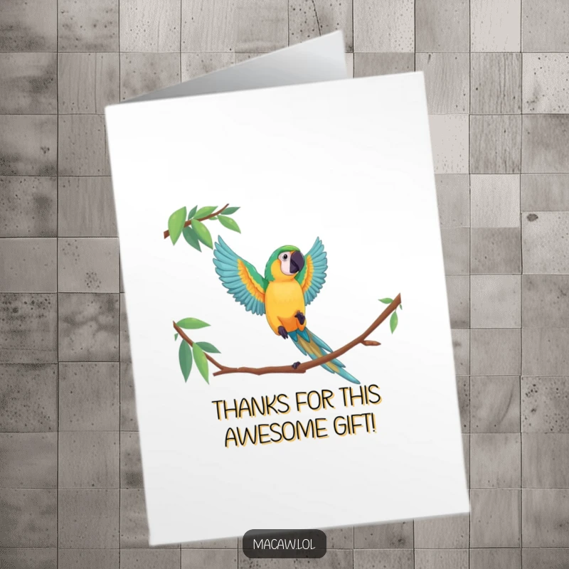 Funny Free Printable Thank You Card: A macaw makes a spectacular leap, conveying thanks with flair. Print it now!