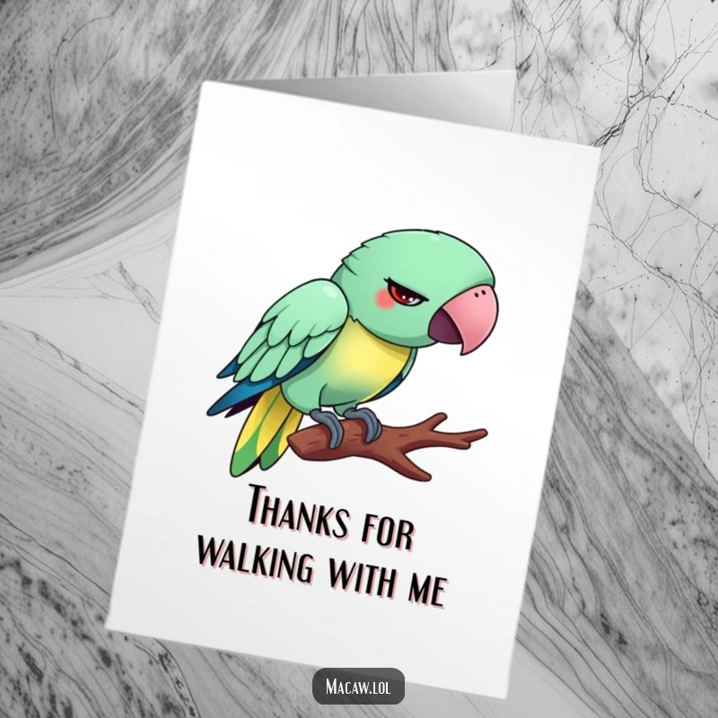Funny Free Printable Thank You Card: Silly Macaw tiptoeing precariously on a branch, a downloadable thank you.