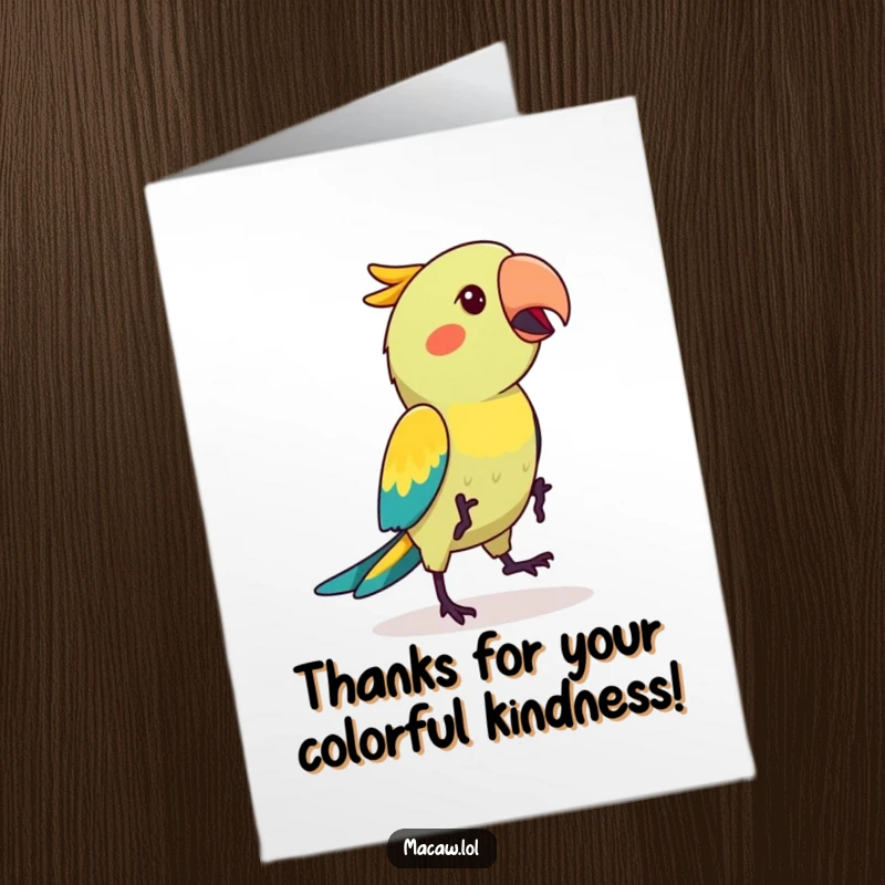 Funny Free Printable Thank You Card: Kawaii macaw bird doing a funny hop dance, expressing heartfelt thanks with humor.