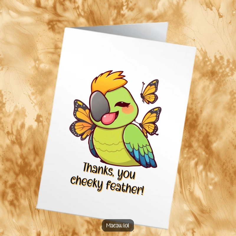 Funny Free Printable Thank You Card: A cheeky macaw bird sticking its tongue out playfully at a butterfly. Downloadable humor.