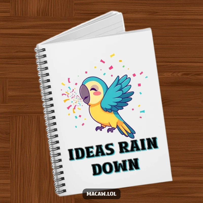 Funny macaw notebook with a lively bird expelling colorful confetti, ideal for capturing ideas and notes with a cheerful vibe.