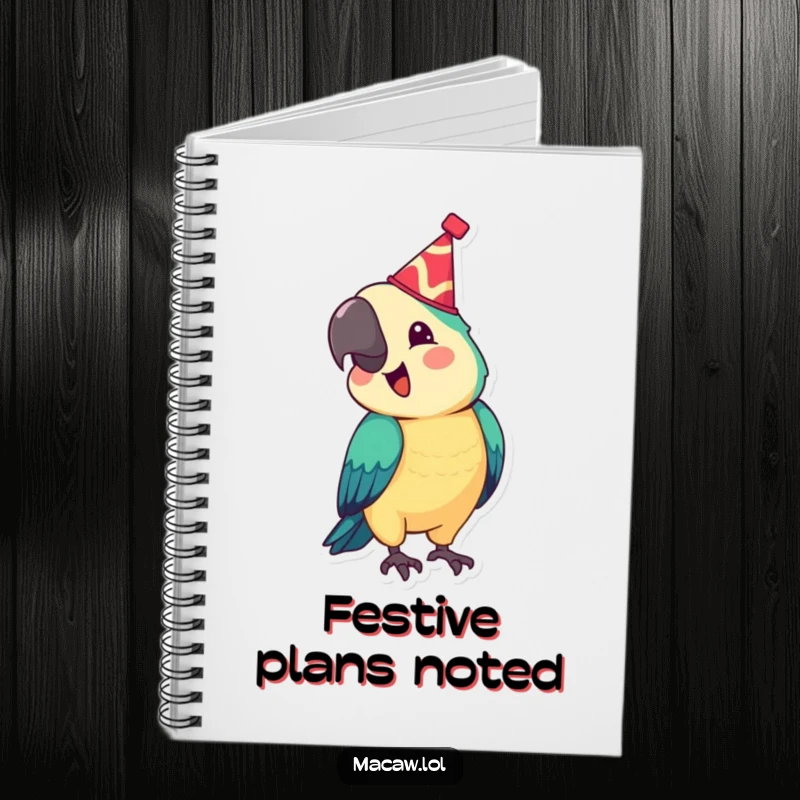 Funny notebook with a festive macaw wearing a tiny hat, bobbing its head joyfully, a humorous and celebratory animal character, perfect for note-taking and as a funny gift.