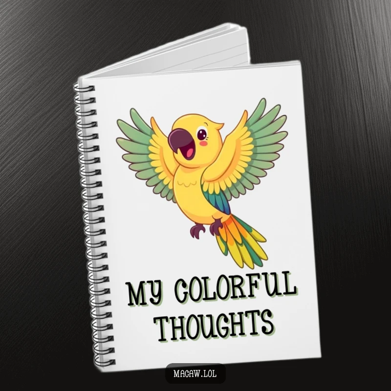 Funny happy macaw notebook, a macaw in flight leaving a colorful rainbow trail, perfect for jotting down ideas.