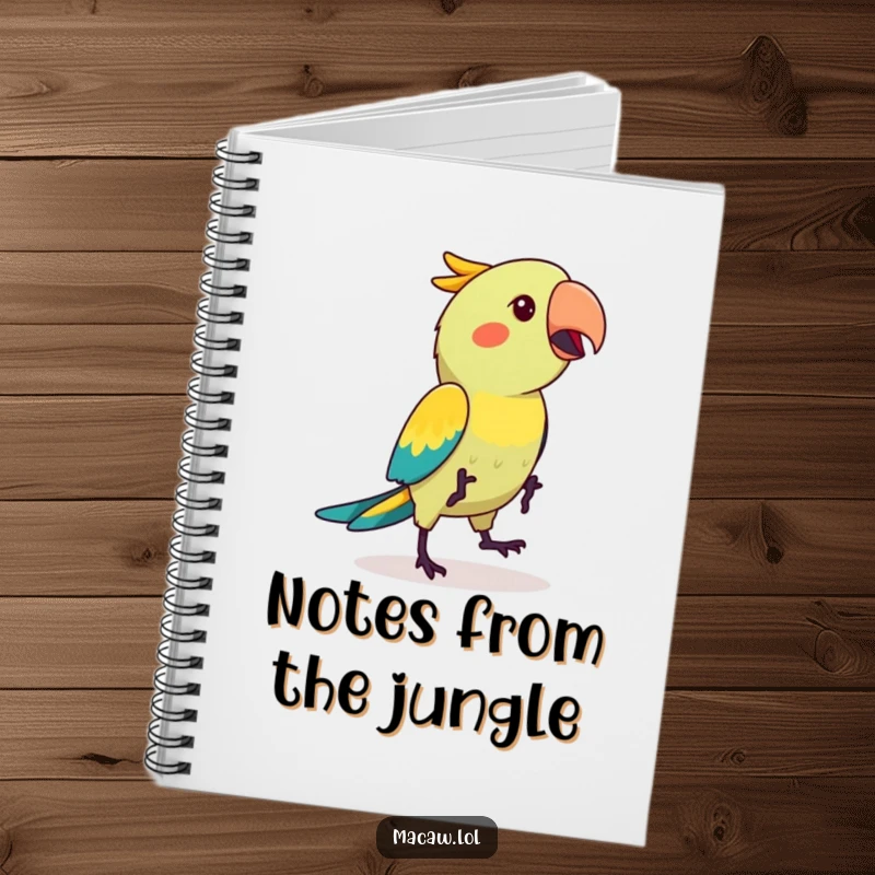 Funny kawaii macaw bird in a dynamic hop dance, featured on the cover of a notebook, encouraging creative expression.