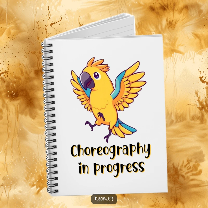 Funny macaw bird notebook, stylized bird dancing energetically with fanned tail feathers, vibrant cover, humorous stationery, gift.