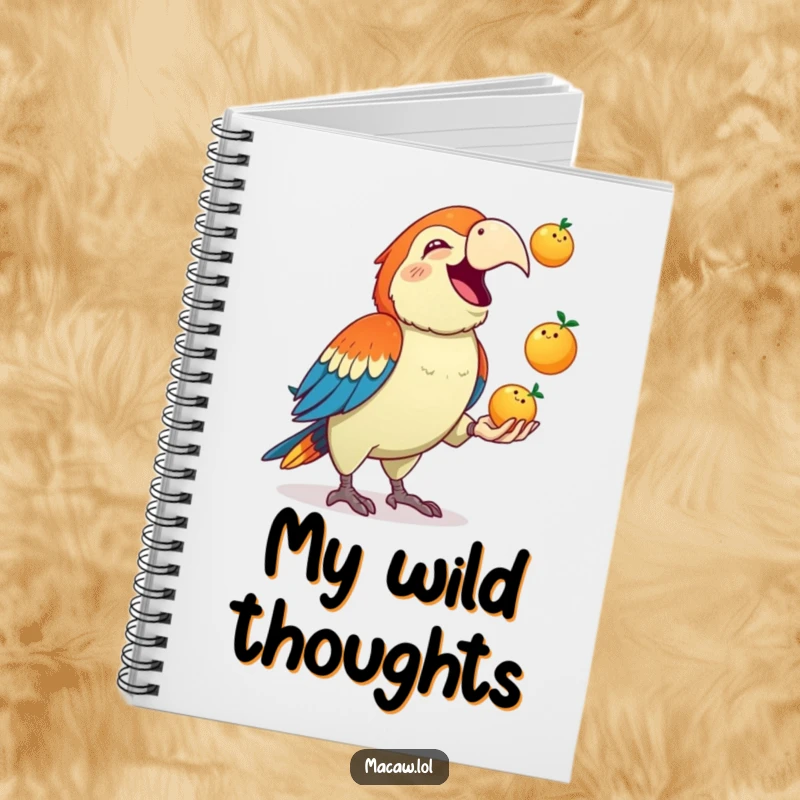 Funny Macaw Notebook: A cute macaw squawks gleefully while juggling three small fruits, a delightful companion for notes and ideas.