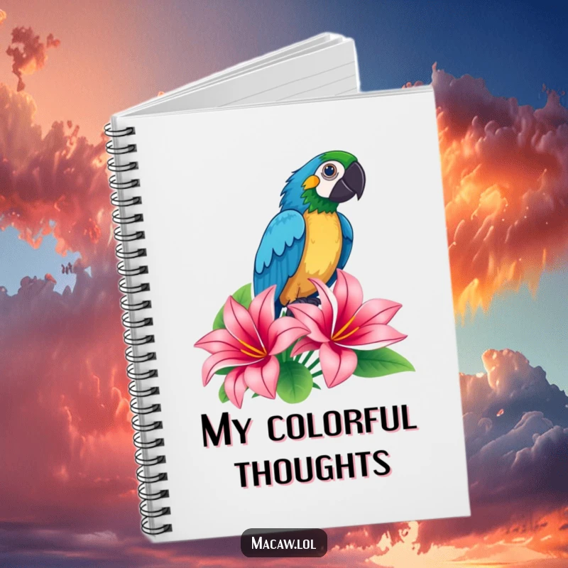 Funny macaw striking a dramatic proud pose atop a tropical flower on a notebook, ideal for jotting bold ideas.