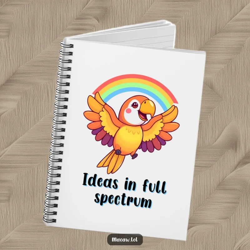 Funny Macaw Notebook: A cheerful macaw bird creates a vibrant rainbow arc with its wings, inspiring creativity and colorful ideas.