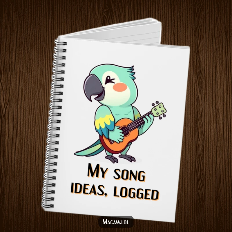 Funny macaw with a ukulele and a wink, illustrated on a notebook cover, great for writing.