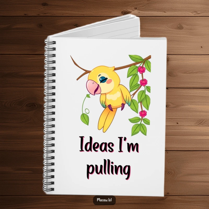 Funny macaw bird notebook, playful bird tugging on a dangling vine, jungle theme, humorous stationery, gift.