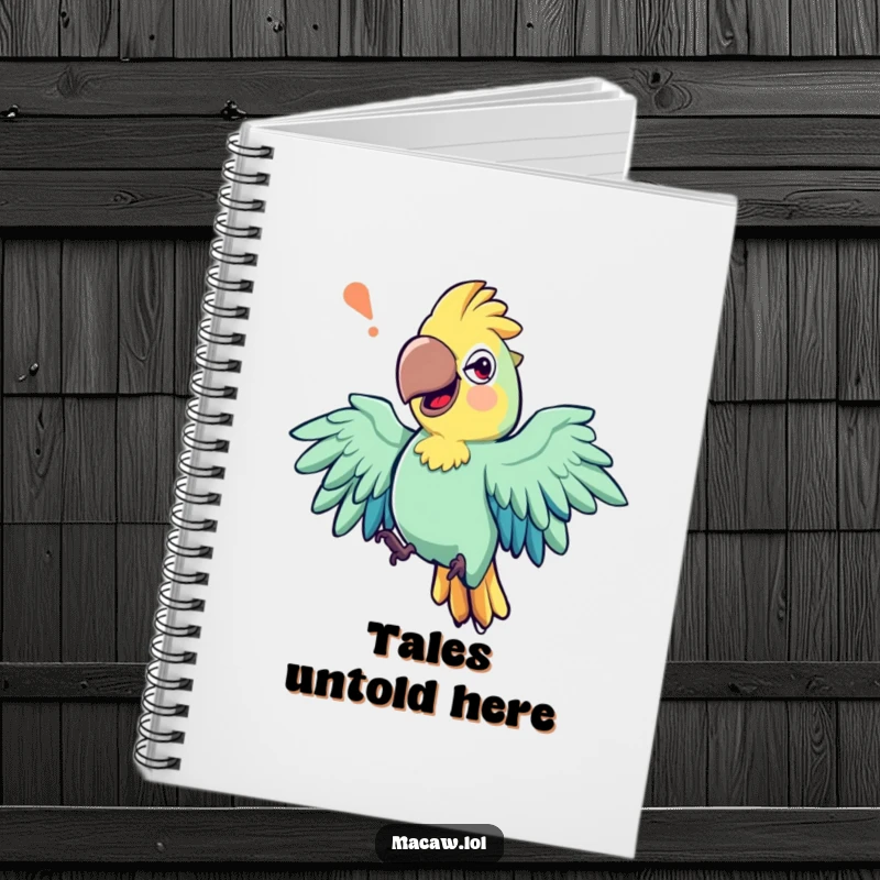 Funny notebook featuring an expressive macaw bird with exaggerated wing movements, mid-storytelling, ideal for notes.