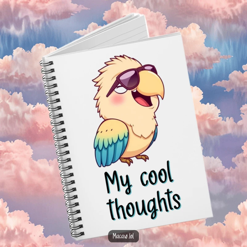 Funny notebook with a cheerful macaw bird squawking happily while wearing sunglasses, perfect for jotting down cool ideas.